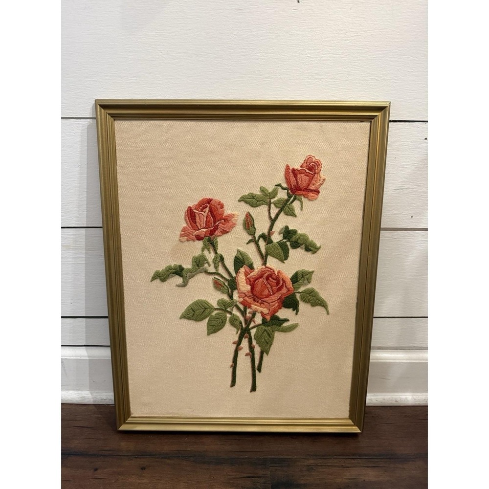 Vintage Framed Rose Crewel Wall Art Retro Floral Hand-Stitched Art 15x19